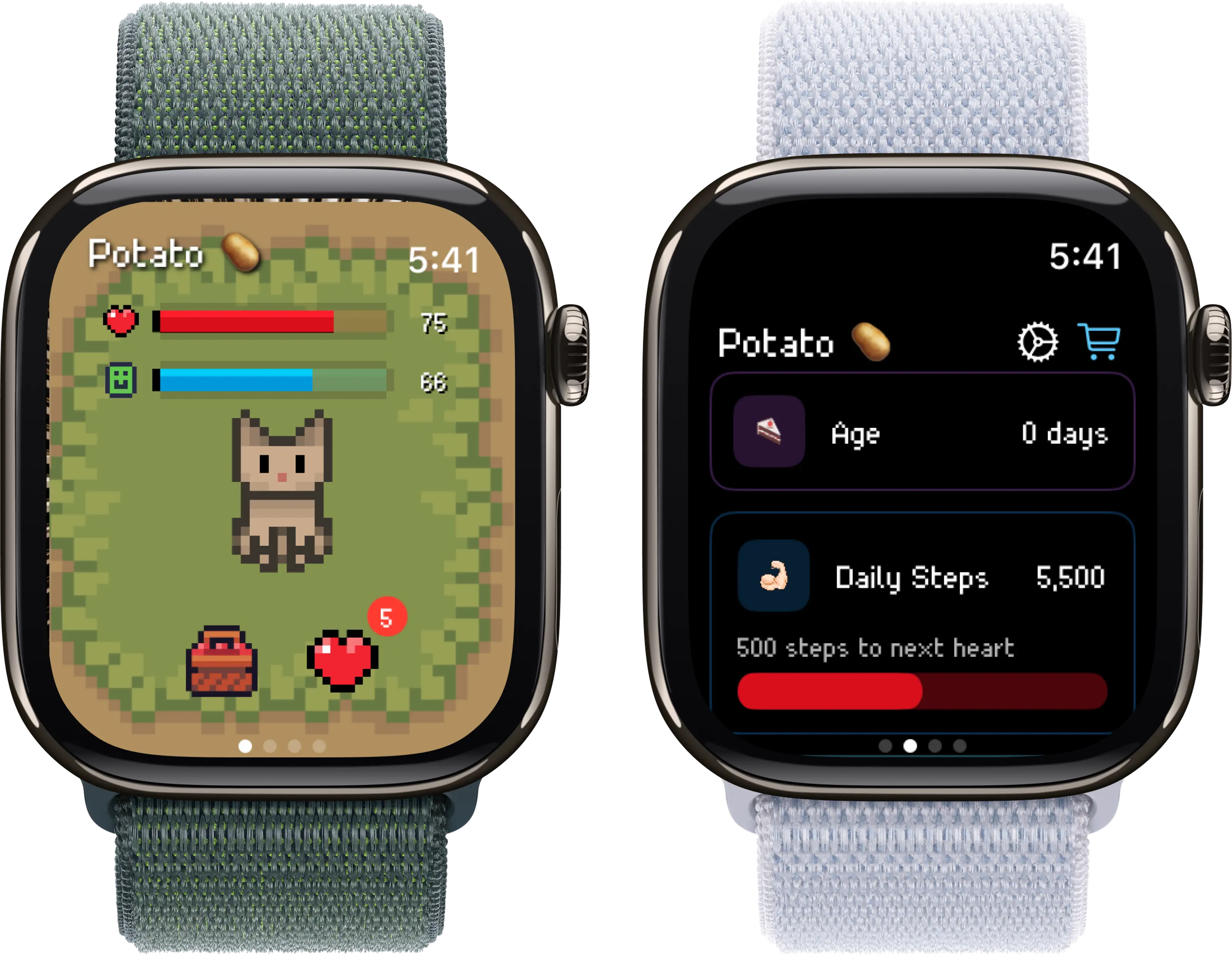 Screenshot showing step tracking and heart earning gameplay