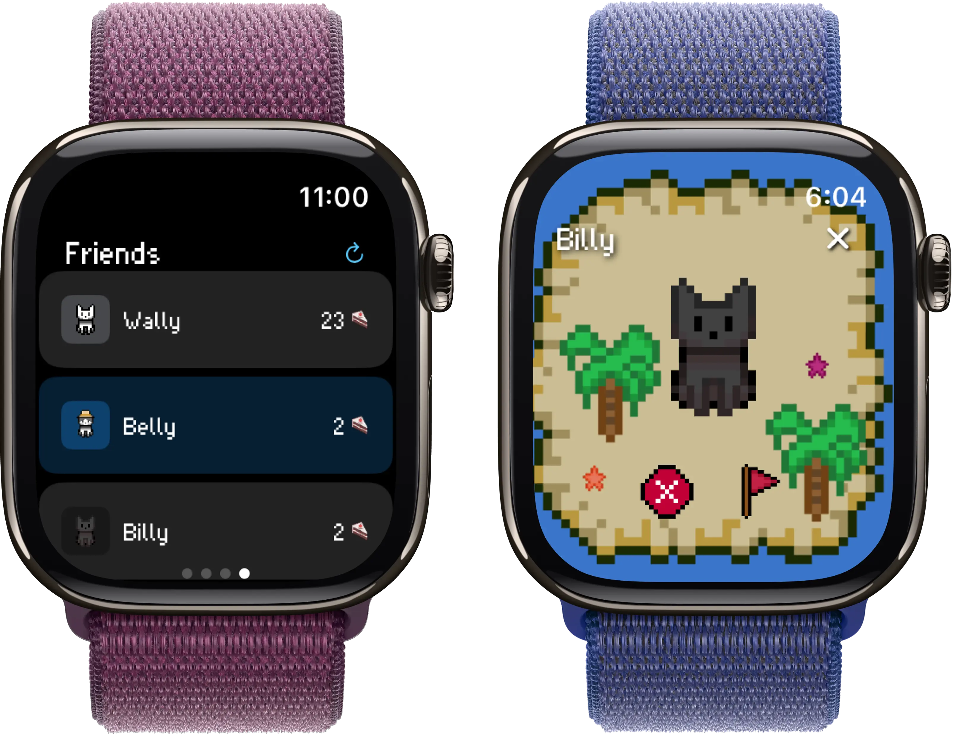 Belly pixel pets showing friends feature - modern Tamagotchi alternative with social connectivity