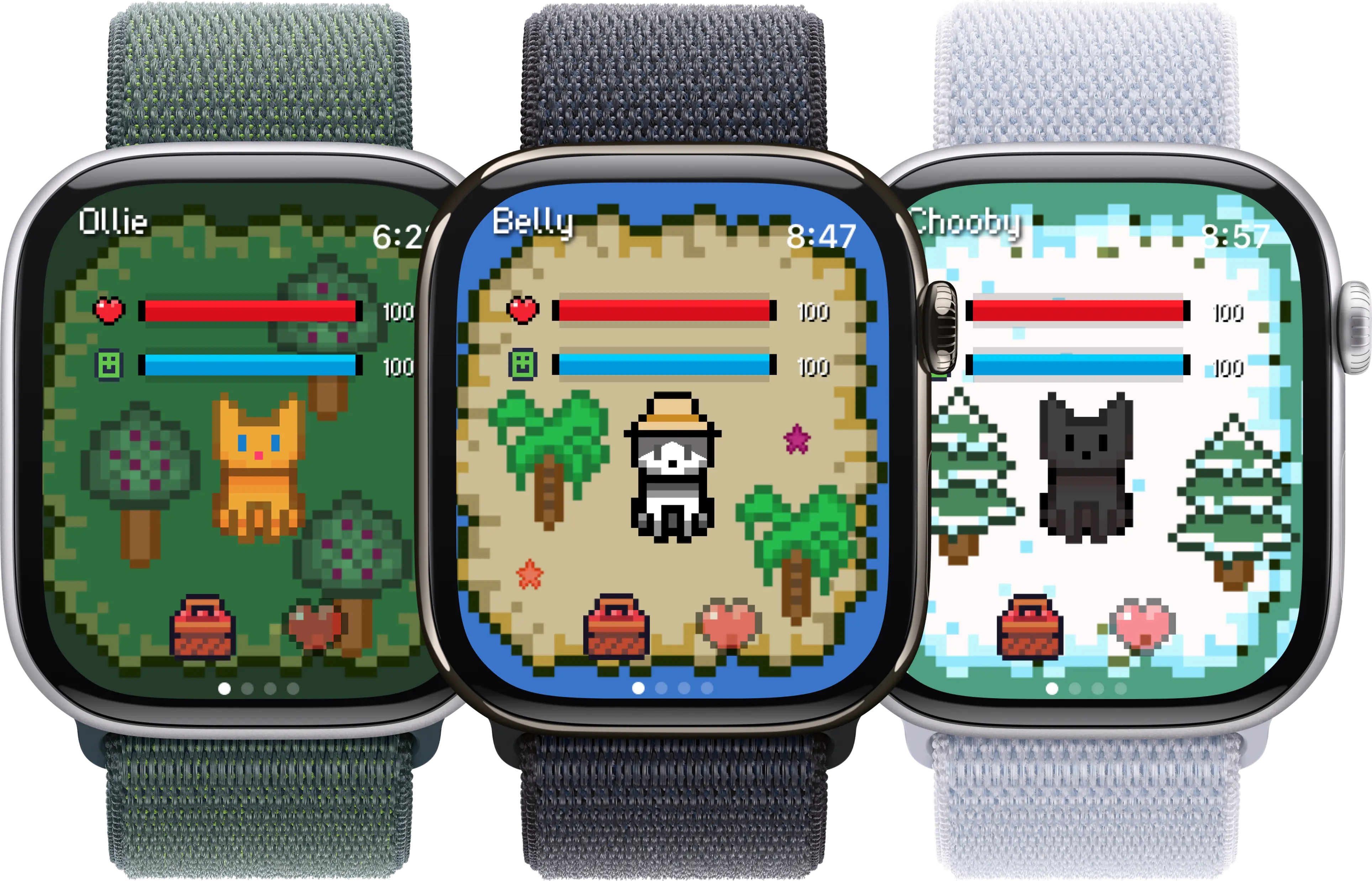 Belly game on Apple Watch - multiple colorful watches showing pixel pet gameplay