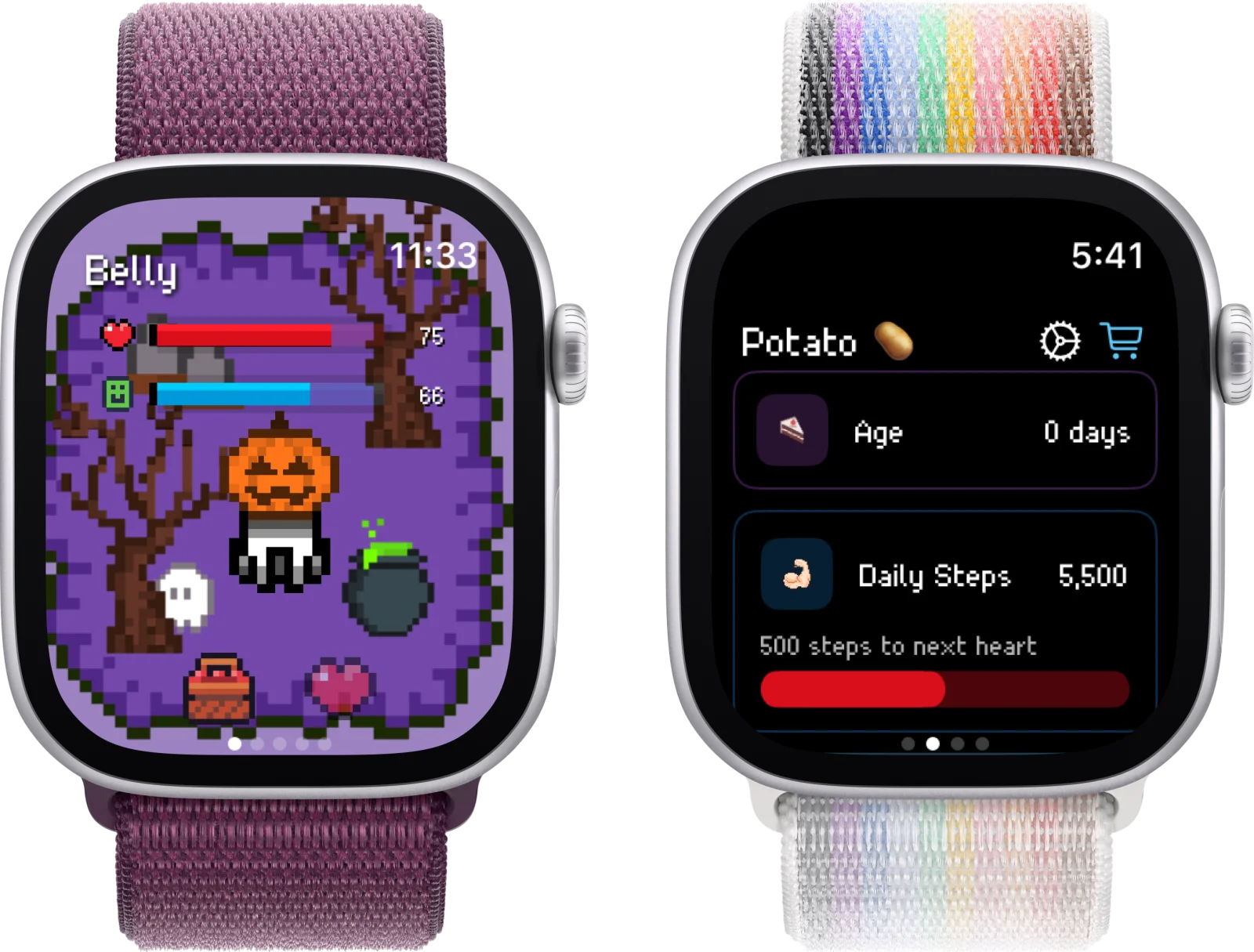 Belly pixel pet game running standalone on an Apple Watch